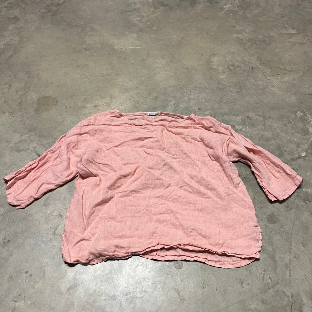 Made in Italy 100% Linen Blouse Pink 3/4 Sleeve Boat Neck Top Lagenlook